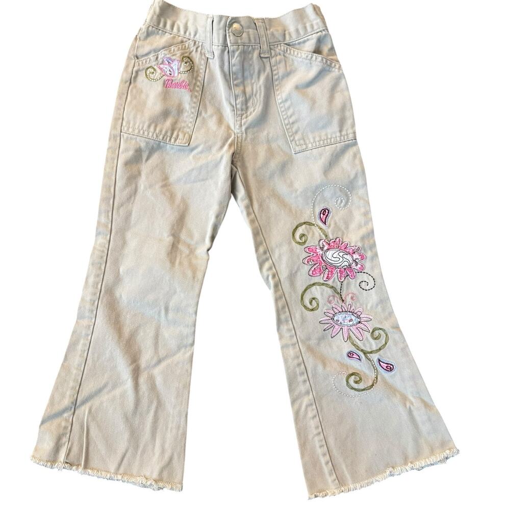 Y2K 2003 Barbie Embroidered Floral Flare Pants Girls Size 5 Pink Flower